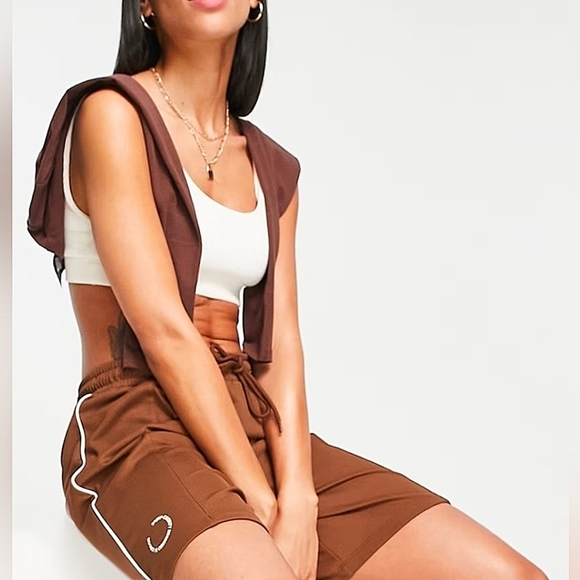 Topshop tricot longline shorts with logo branding in chocolate Women's Small - Picture 1 of 9